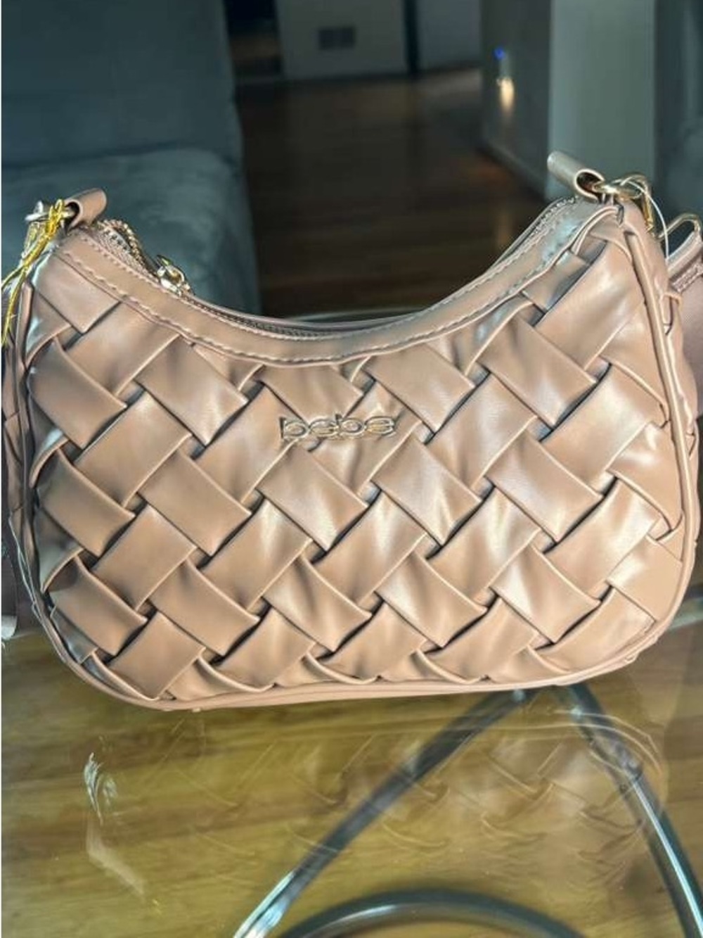 bebe Woven Shoulder Bag in Blush cream with Gold Hardware